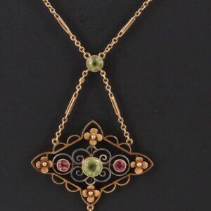 Arts & Crafts 15K Peridot and Tourmaline Necklace with Platinum Accent